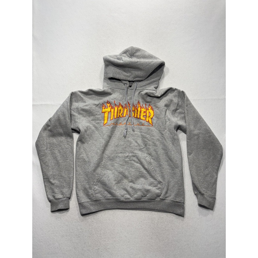 Thrasher Hoodie Mens Small Gray Flame Logo Fleece Pullover Kangaroo Pocket Skate